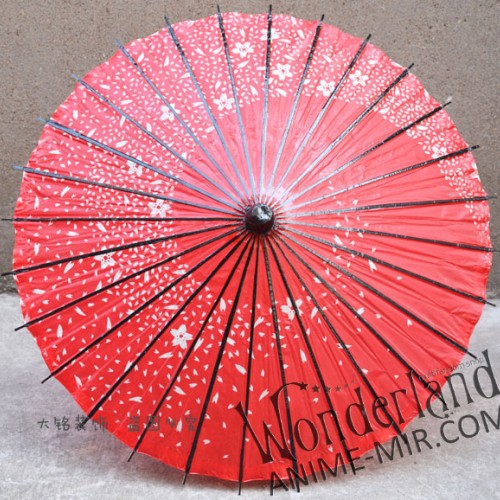 Бумажный Японский зонтик (красный с маленькими цветами сакуры и вихрем из лепестков) / Japanese umbrella